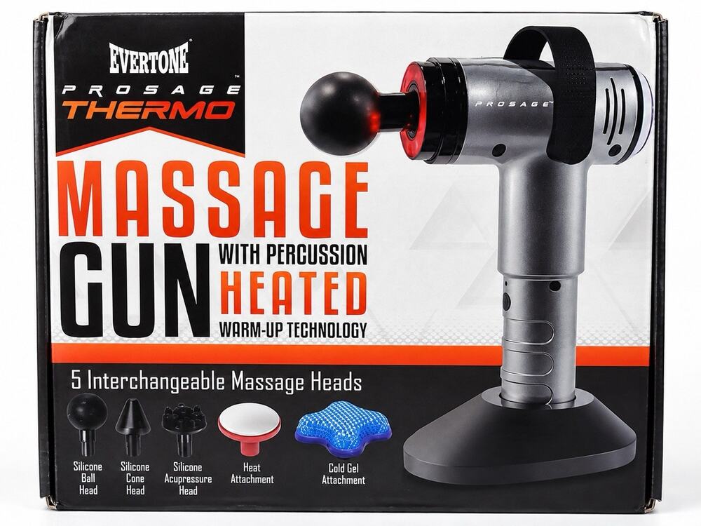 Evertone ProSage Thermo Heated Massage Gun 5 Heads BK3404-SILVER Complete